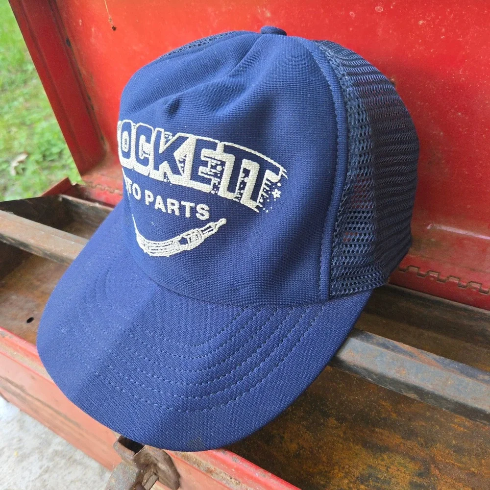 VTG Rocket Auto Parts Hat Navy Blue Mens OSFM Mesh Back Snapback Trucker Cap USA